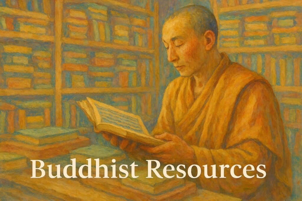 A serene oil painting of a Tibetan monk reading a sacred text in a softly lit Buddhist library, surrounded by shelves of ancient scriptures in muted tones of ochre, blue, and green. The monk wears a calm expression and an ochre robe, creating a peaceful, contemplative atmosphere.