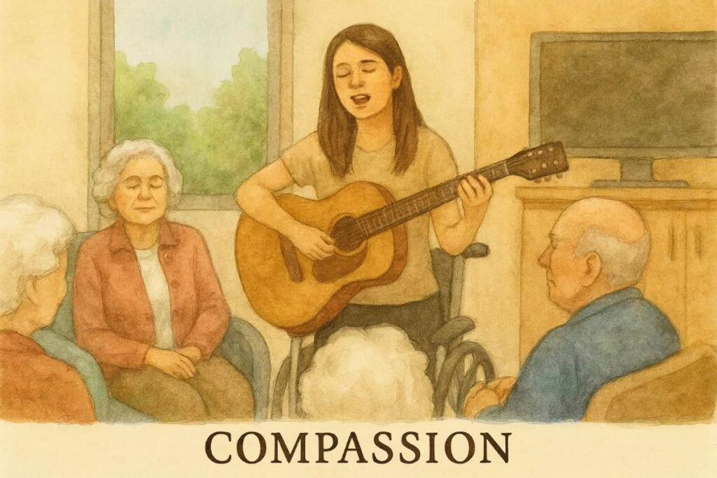 Young lady in wheel chair singing to residents in an Aged Care nursing home