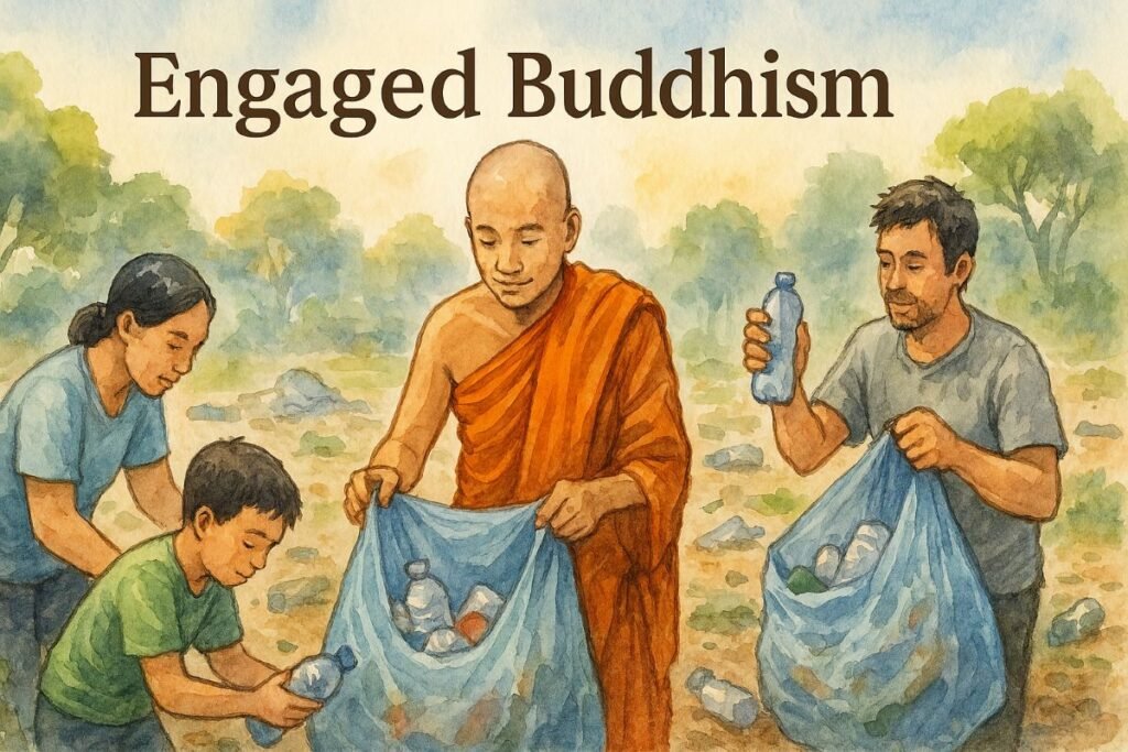 Engaged Buddhism - Buddhist Monk collecting plastic rubbish with locals