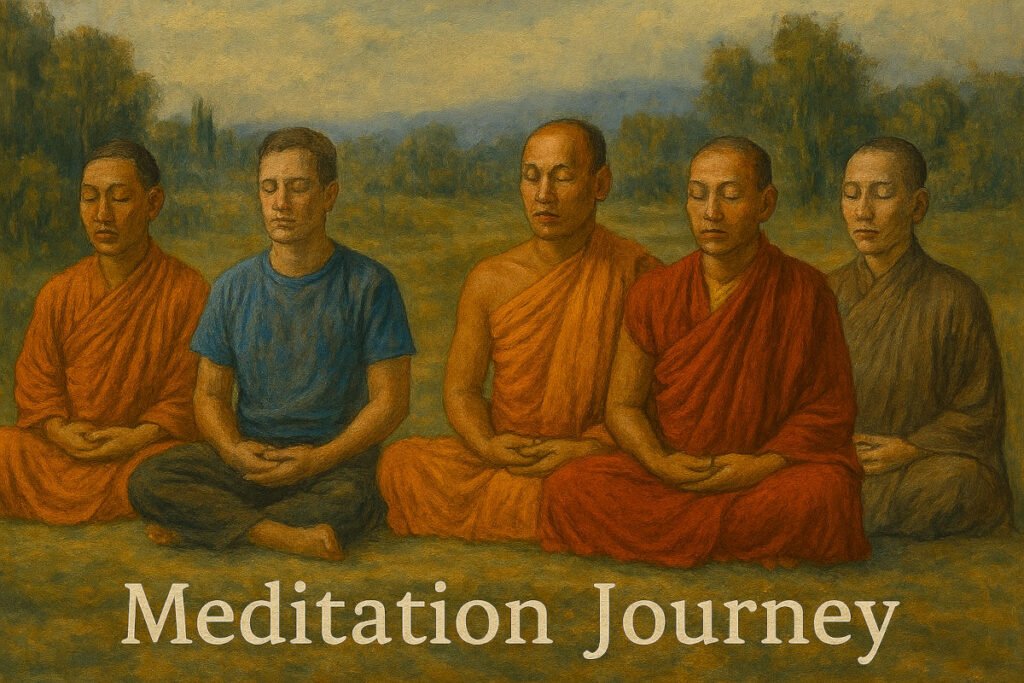 Oil painting titled "Meditation Journey" showing five people meditating outdoors in a tranquil landscape. From left to right: a Japanese monk in orange robes, an American layperson in a blue shirt, a Thai monk in saffron robes, a Tibetan monk in deep red robes with a mustard undershirt, and a Vietnamese monk in muted brown robes. All are seated cross-legged with eyes closed and hands in Dhyana Mudra. The background features soft greenery and distant hills under a cloudy sky. The title "Meditation Journey" appears at the bottom in white serif font.
