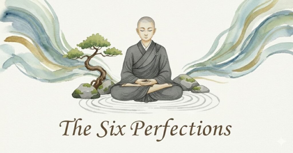 The six perfections - Zen Monk meditating in Zen Garden
