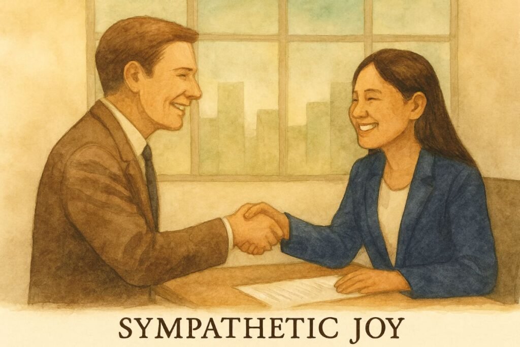 Business Lady and Business Man shaking hands across a desk.