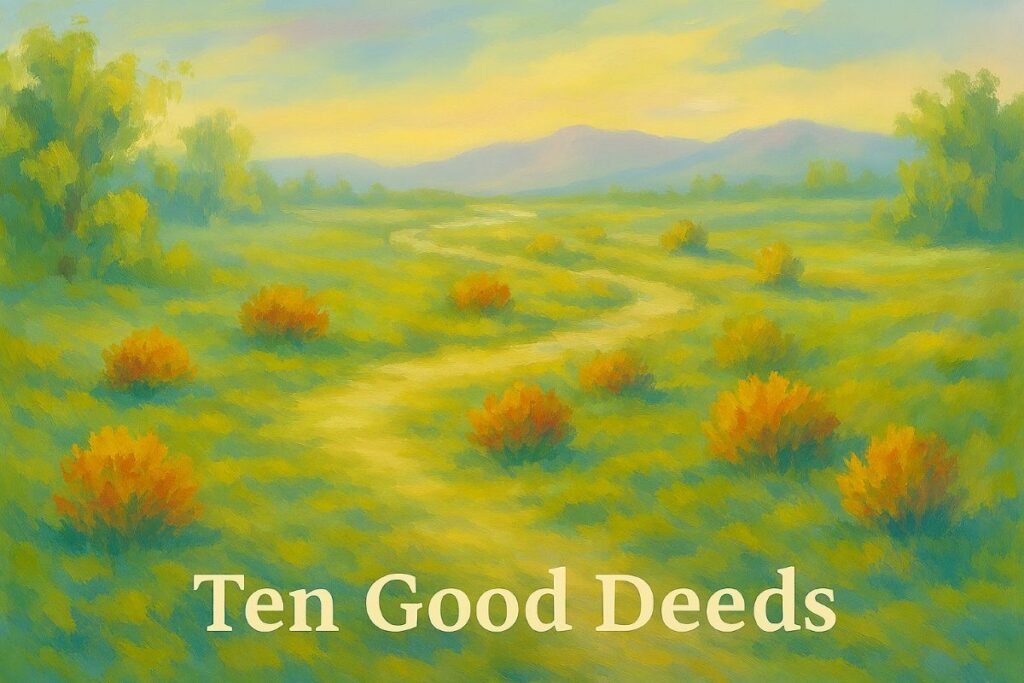 tranquil oil painting titled "Ten Good Deeds" features a winding sunlit path through a lush green meadow, flanked by clusters of warm-toned shrubs in golden orange and red. Soft trees frame the scene on both sides, and distant blue-purple mountains rise beneath a pastel sky of yellow, pink, and blue. The title appears clearly at the bottom in elegant serif font.