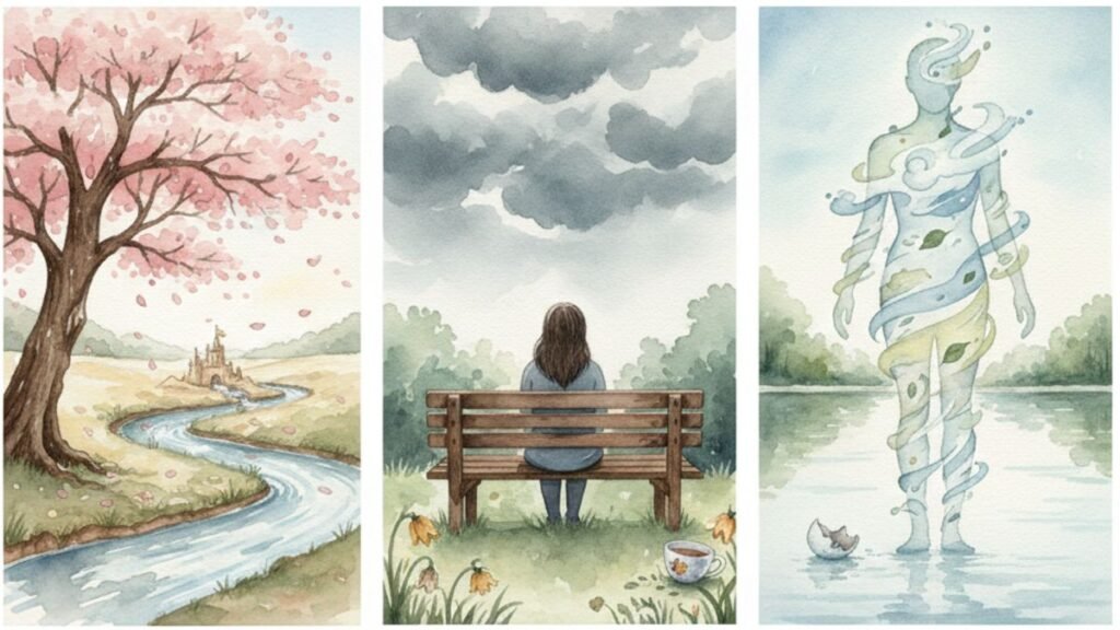Three Pictures for the three marks of existence - river and pink leaved tree in fall, lady sitting on bench with dark clouds above, ethereal representation of a person representing impermanence