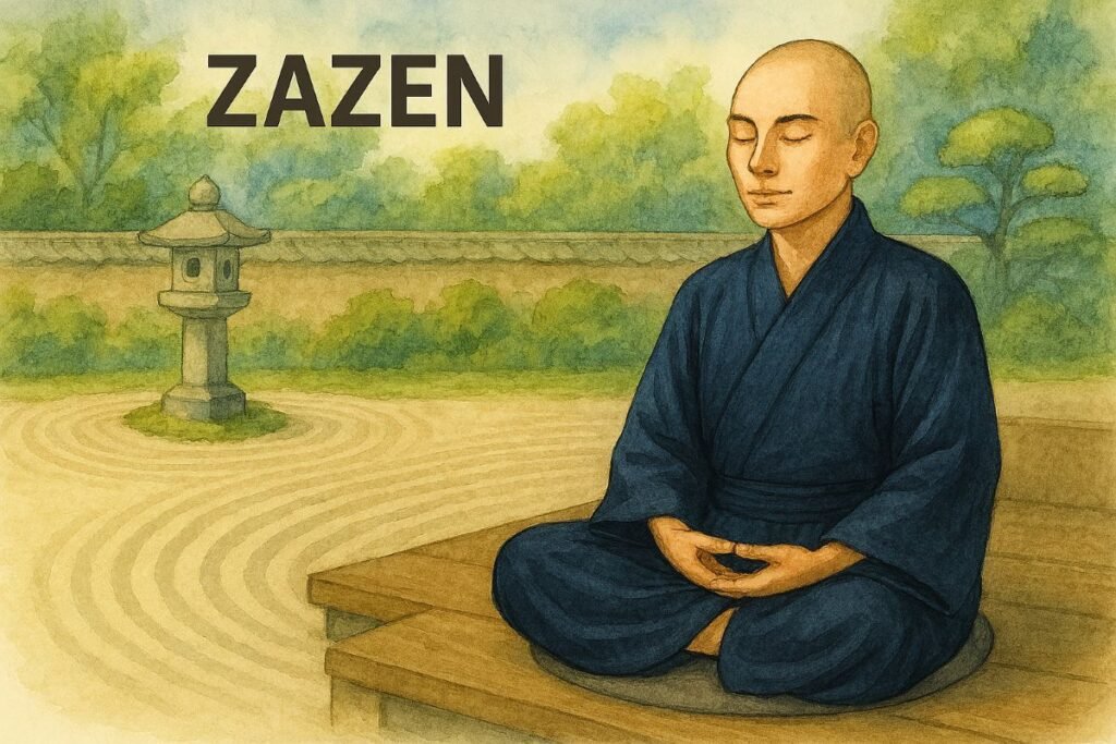 Buddhist monk in Blue robes meditating in Zen Garden - Zazen