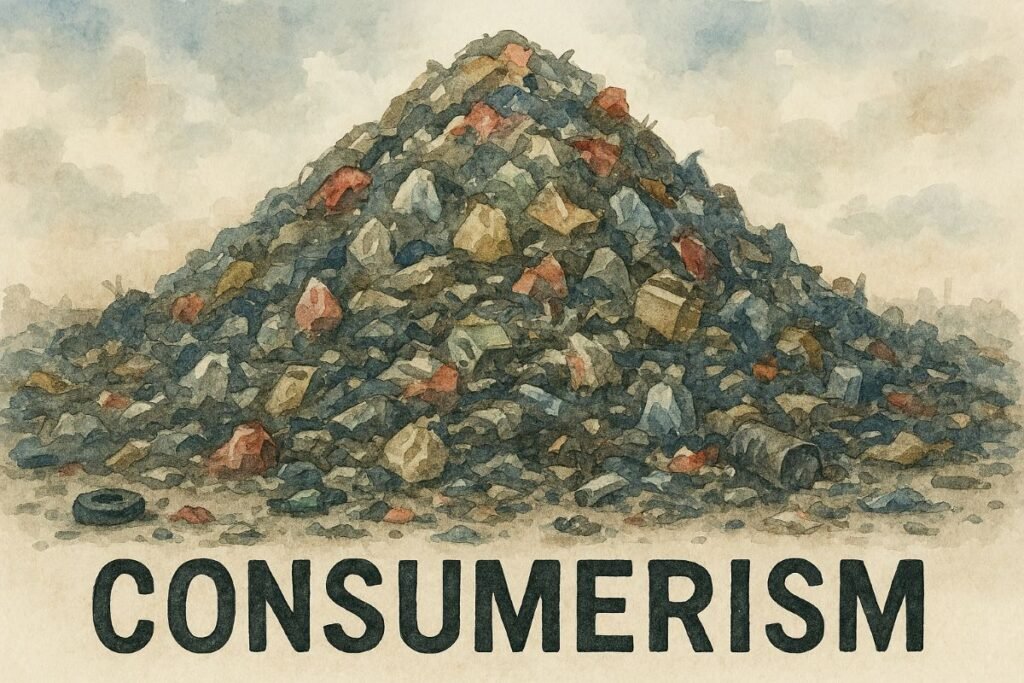 Watercolor banner titled “Consumerism” shows a sprawling landfill under a hazy sky. The mound of waste is composed of discarded packaging, broken containers, torn plastic bags, and crushed consumer goods in muted earth tones with splashes of artificial red, blue, and yellow. Overflowing shopping carts and scattered debris fill the foreground. The atmosphere is subdued and smoggy, evoking environmental degradation. The title “CONSUMERISM” appears in bold black letters at the bottom.