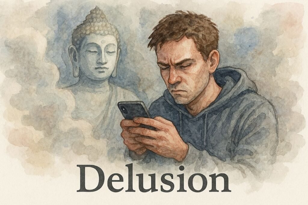 Watercolor banner titled “Delusion” shows a young man in a gray-blue hoodie intensely focused on his smartphone, brow furrowed and eyes narrowed. Behind him, a translucent Buddha figure floats in soft clouds, serene and peaceful, rendered in pale blues and grays. The background blends muted tones—beige, gray, blue, and brown—without a dominant color. The title “Delusion” appears at the bottom in dark serif font.