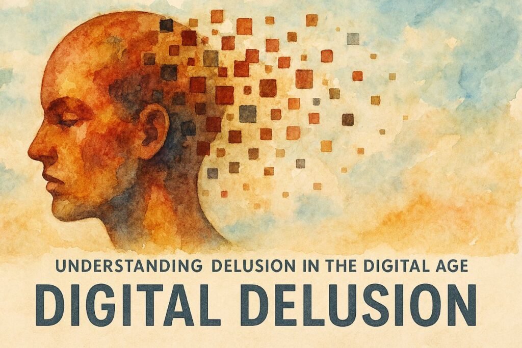 Watercolor banner titled “Digital Delusion” showing a person seated in profile, surrounded by translucent digital overlays: floating screens, fragmented reflections, and social media icons—painted in soft, blended washes of blue, orange, and gray. The figure’s expression is calm but distant, with eyes unfocused as if lost in thought. Around them, the digital elements blur and overlap, creating a chaotic halo that contrasts with the muted background. The bottom of the image features the title “Understanding Delusion in the Digital Age – Digital Delusion” in bold, dark lettering against a pale wash.