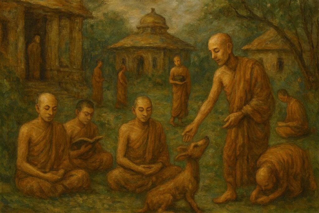 Oil painting of Buddhist monks in a tranquil Indian temple garden, rendered in warm earthy tones. The monks wear muted orange robes and engage in peaceful activities—meditating, reading, walking, and gently interacting with a deer. Ancient Indian architecture with stone pillars and domes rises behind them, partially veiled by lush green foliage. The atmosphere is soft and contemplative, with diffused light filtering through trees, evoking harmony between nature, community, and spiritual practice.
