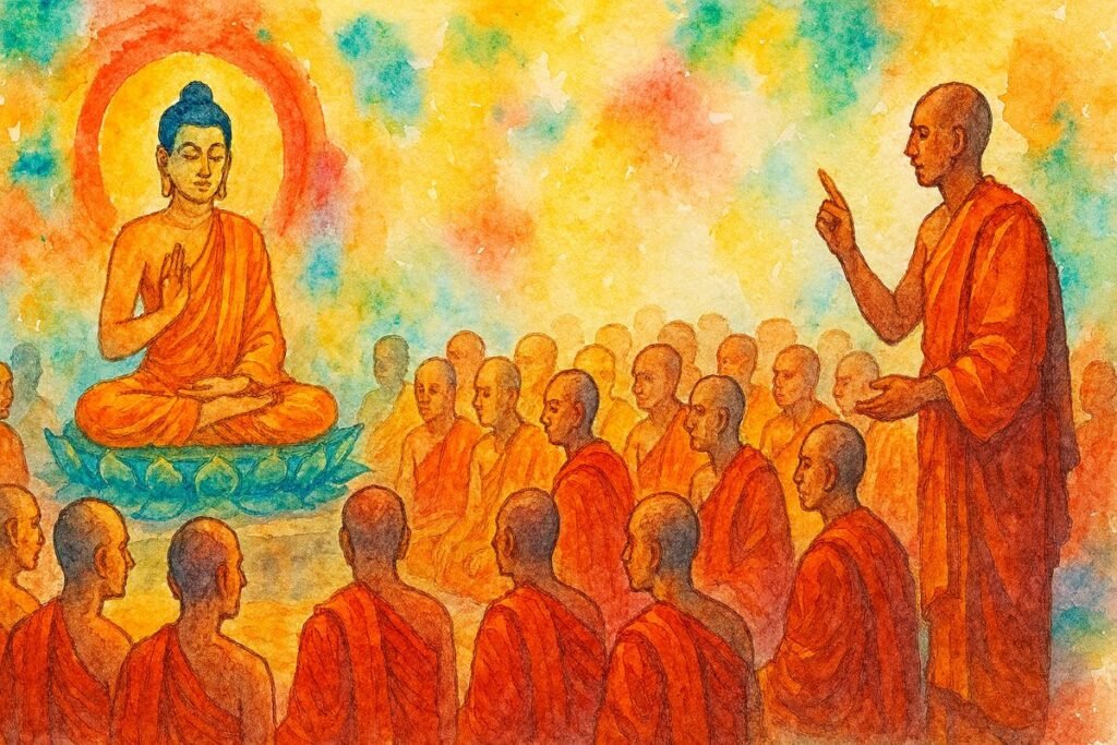 Vibrant watercolor painting of the First Buddhist Council, showing the Buddha seated on a lotus platform at center with a radiant halo, surrounded by rows of monks in orange and red robes listening attentively. A standing monk at right addresses the assembly with one hand raised. The background is a swirl of luminous yellows, blues, and reds, with soft brushstrokes and splashes creating a warm, contemplative atmosphere. No text present.