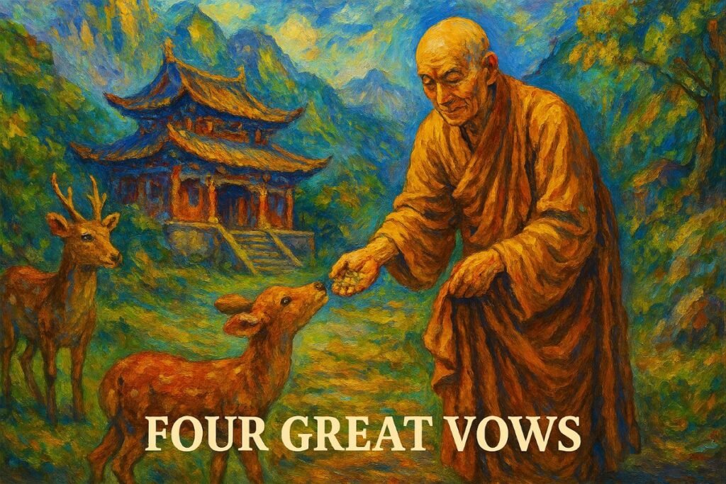 A vibrant oil painting-style banner titled "Four Great Vows" shows an elderly Chinese Buddhist monk feeding a young deer in front of a traditional mountain temple. The monk wears flowing saffron robes and has a gentle, weathered expression. He extends one hand offering food to the deer, while another deer with short antlers watches nearby. Behind them, a red temple with ornate curved roofs nestles among lush green mountains under a swirling blue and yellow sky. The scene is rich in texture and color, evoking compassion and serenity. The title appears in bold cream-colored serif font at the bottom center.