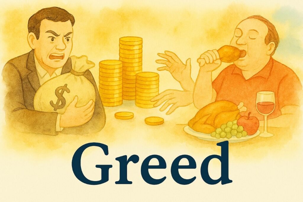Watercolor web banner titled “Greed” depicting three scenes: a man in a brown suit clutching a bulging money sack with a dollar sign, his expression tense and possessive; stacks of gold coins in the center with reaching hands from the right; and a plump man in a red shirt greedily eating a drumstick at a table overflowing with food and wine. The background blends warm yellows, oranges, and browns. The title “Greed” appears in bold navy serif font at the bottom.