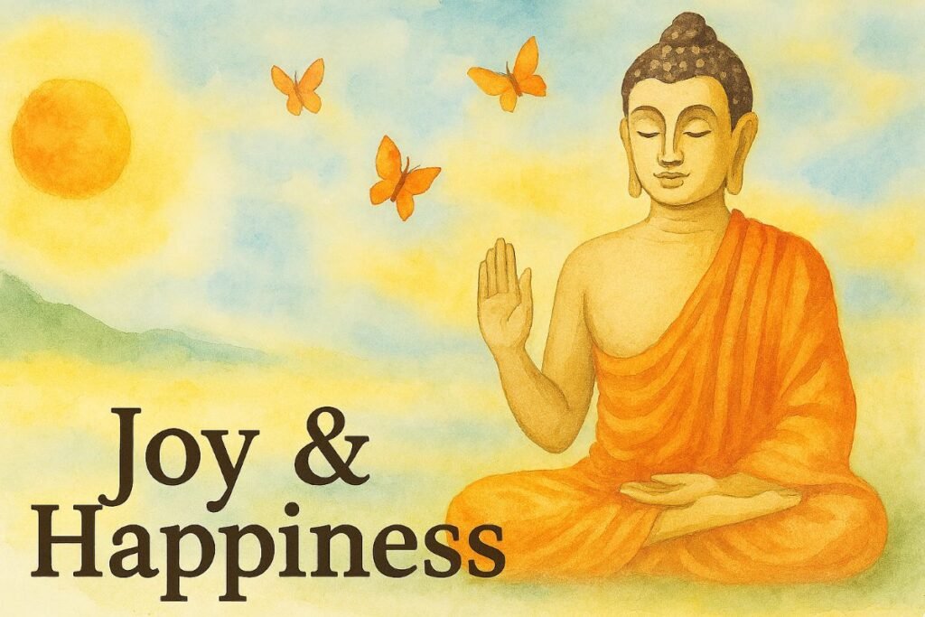 Here’s clear, accessible alt text for the image you uploaded: **Alt text:** A watercolor illustration of the Buddha seated in meditation, wearing an orange robe with eyes closed and one hand raised in a gesture of blessing. Three orange butterflies flutter around him, with a bright sun and soft blue‑yellow sky above. Gentle hills form the background. The words “Joy & Happiness” appear in bold black text in the lower left corner.