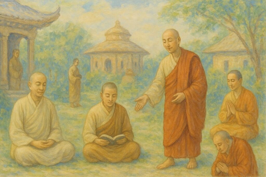 Five Mahayana Buddhist Monks from Japan, Tibet, India, Bhutan and China.