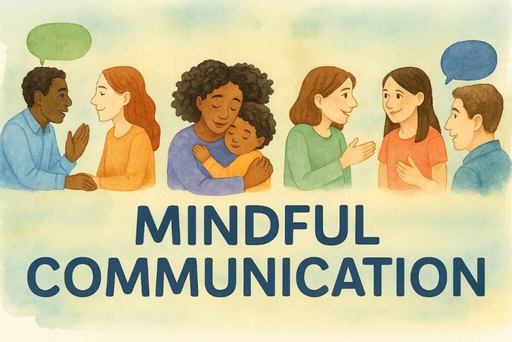 A watercolor collage banner depicts four scenes of mindful communication. On the left, a dark-skinned man in a blue shirt gestures gently while speaking with a fair-skinned woman in an orange sweater. Next, a Black mother in lavender embraces her sleeping child with closed eyes and a serene expression. Third, two light-skinned women—one in green, one in coral—converse warmly, one gesturing mid-sentence. On the right, a light-skinned man in teal listens attentively to a person with dark wavy hair. The background blends soft blues, greens, and beige tones. A clean, light space at the bottom holds the title “Mindful Communication.”