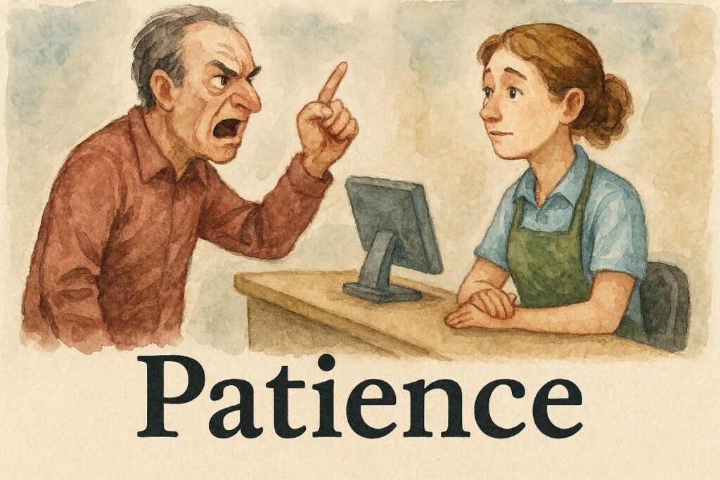 Watercolor painting of a tense interaction at a service counter. A middle-aged man with graying hair and a red-brown shirt gestures angrily, his face contorted in frustration. Opposite him, a young woman with light brown hair in a bun, wearing a blue shirt and green apron, sits calmly behind the counter with her hands folded. Her expression is composed and empathetic. The background is softly blended in beige and pale blue tones. At the bottom, the word “Patience” appears in bold black serif font.