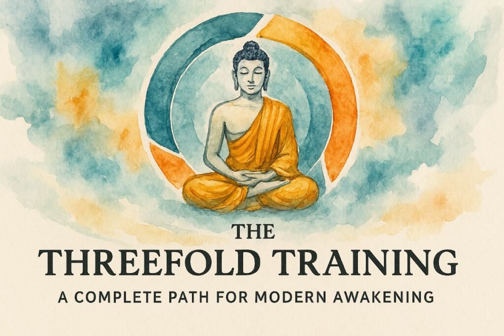 A modern watercolor banner features a serene Buddha seated in meditation within a circular emblem of three overlapping arcs in teal, orange, and light blue—symbolizing ethics, meditation, and wisdom. The background blends soft washes of blue, orange, and yellow in a contemporary style. At the bottom, bold black serif text reads “THE THREEFOLD TRAINING,” with the subtitle “A COMPLETE PATH FOR MODERN AWAKENING” beneath it. The composition is balanced and minimalistic, evoking clarity and calm.