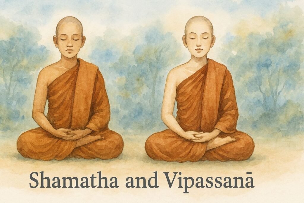 Watercolor banner depicting two Buddhist nuns meditating peacefully outdoors. Both wear traditional orange-brown robes and sit cross-legged in the lotus position with hands in the Dhyana Mudra. One nun has darker skin and a rounder face, the other fairer with an elongated face. Their eyes are closed, expressions serene. The background features soft, impressionistic trees and foliage in muted blues, greens, and yellows. The ground beneath them is warm beige with subtle texture. At the bottom center, the title “Shamatha and Vipassanā” appears in dark gray serif font. The overall mood is calm and contemplative.