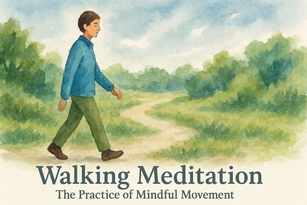 A watercolor-style illustration of a person walking along a winding path through a lush green landscape. Trees and bushes line the path under a partly cloudy sky. The figure walks slowly and mindfully. Text at the bottom reads “Walking Meditation — The Practice of Mindful Movement.”