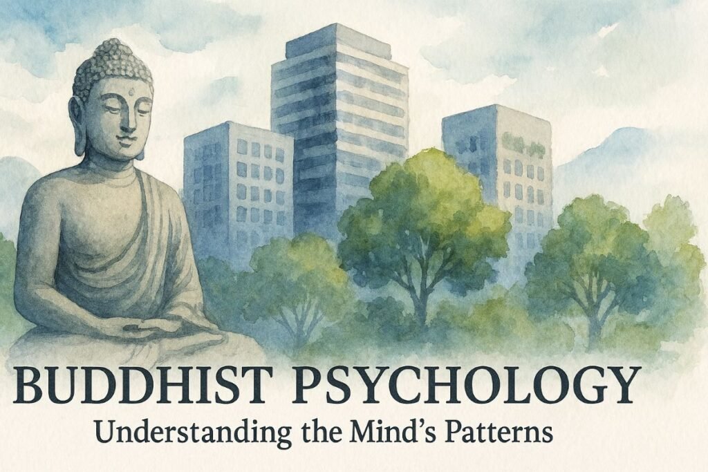 Watercolor web banner titled “Buddhist Psychology: Understanding the Mind’s Patterns,” featuring a serene stone Buddha statue seated in meditation on the left foreground. Behind it, three modern office buildings rise in soft gray and blue tones, partially obscured by lush green trees. Distant misty mountains and a pale sky with wispy clouds form the backdrop. The composition blends urban and natural elements, symbolizing mindfulness within contemporary life. Title text appears at the bottom in bold serif font: “BUDDHIST PSYCHOLOGY,” with the subtitle below in smaller type.