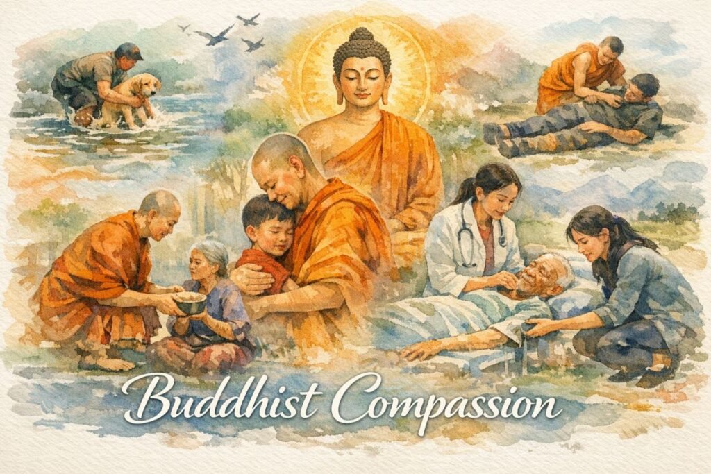 Watercolor collage banner titled “Buddhist Compassion” (title in elegant white script at bottom center). The composition features six compassionate acts across diverse settings. Left: a monk in orange robes kneels to offer food to an elderly woman seated with a bowl; above, a person rescues a puppy from floodwaters. Center: a monk gently embraces a crying boy; behind them, the Buddha sits in lotus pose with a golden halo. Right: a female doctor tends to an elderly patient in bed, and below, a young woman reaches out to help an injured stray dog. In the upper right, a monk supports a wounded man on the ground. The palette blends warm oranges and yellows with cool blues and greens, evoking serenity and empathy.