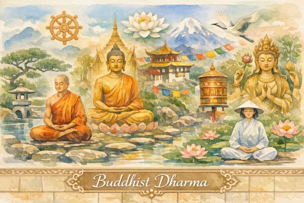 Watercolor collage banner showing Buddhist traditions across Asia. On the left, a Zen monk in orange robes meditates beside a stone lantern and misty pond. Centered, a golden Thai Buddha sits before a temple spire. To the right, a Tibetan monastery clings to a mountain, framed by prayer flags and a spinning wheel. Far right, a Vietnamese nun in white áo dài and conical hat meditates by a lotus pond, with Avalokiteshvara’s golden statue behind. Above, a Dharma wheel, white lotus, and crane float in soft sky. Title “Buddhist Dharma” appears in white script on a beige tile at the bottom.