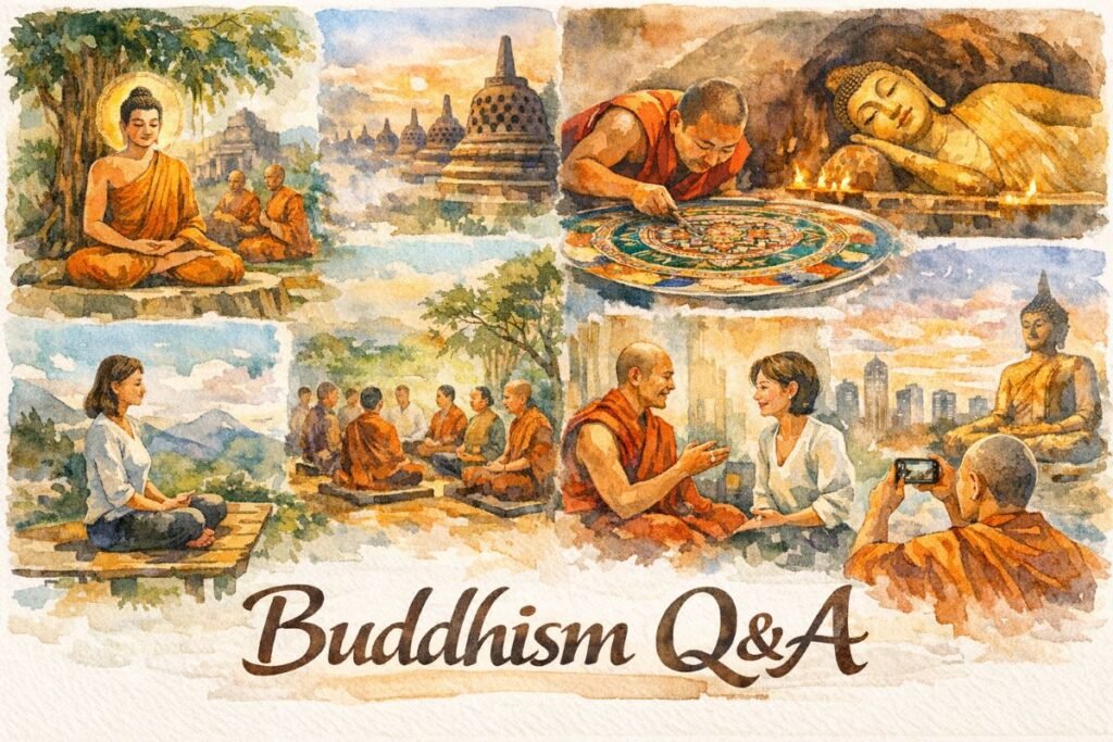 Watercolor collage of diverse Buddhist scenes: the Buddha meditating under a tree; monks in discussion; the Borobudur temple; a monk creating a sand mandala; a reclining Buddha with candles; a woman meditating in mountains; groups of monks and laypeople in dialogue; a monk speaking with a woman in a modern city; and a monk photographing a large Buddha statue. Title ‘Buddhism Q&A’ appears at the bottom.