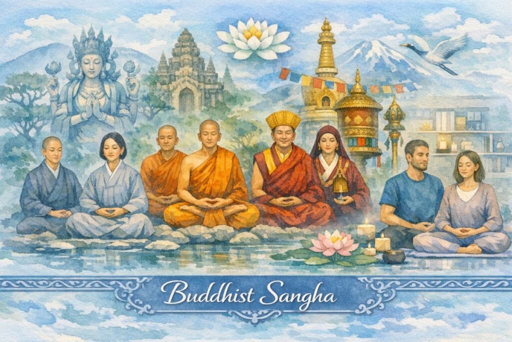 Cool watercolor collage showing four Buddhist Sangha traditions. Far left: Mahayana Sangha with two East Asian monastics in gray robes meditating before Avalokiteshvara’s statue and misty pagoda. Center-left: Theravada Sangha with three saffron-robed monks seated before a tropical stone temple. Center-right: Vajrayana Sangha with a Tibetan lama in ceremonial robes and a female practitioner beside a golden stupa, vajra, and bell. Far right: Western Secular Sangha with a casually dressed man and woman meditating in a modern room with candles and a Buddha statue. Title “Buddhist Sangha” appears in white script on a blue decorative border at the bottom.