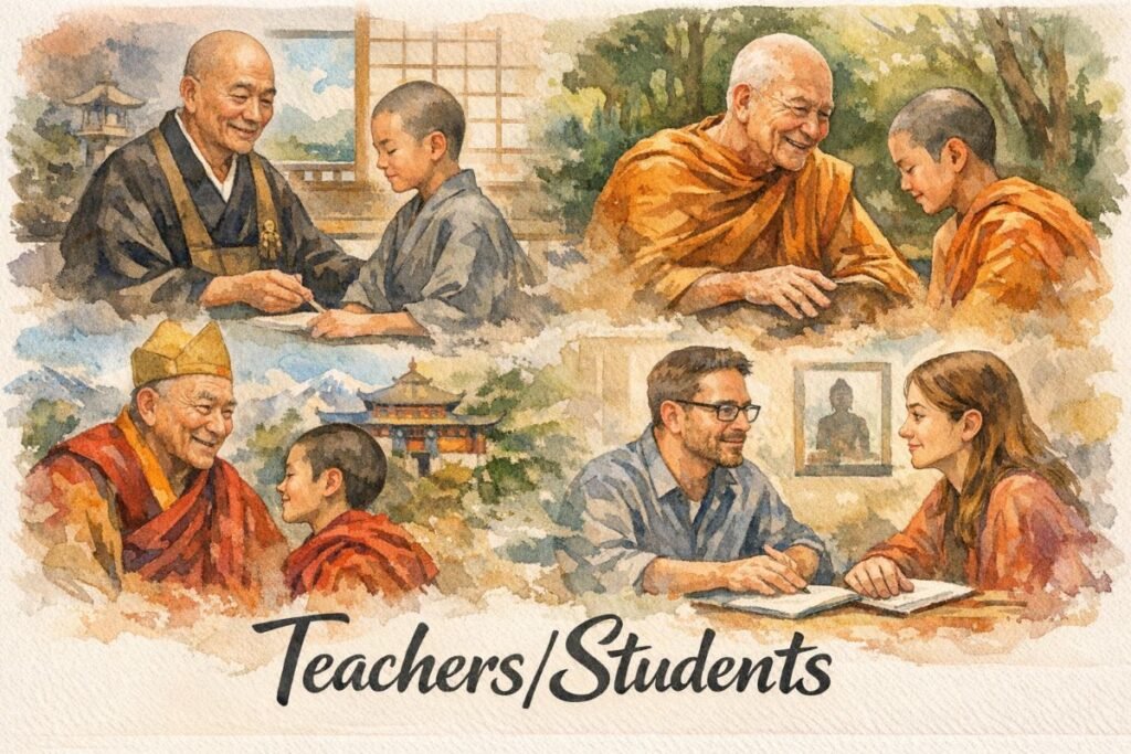 Watercolor collage titled “Teachers/Students” at the bottom, depicting four teacher-student pairs from distinct Buddhist traditions. Top left: a Japanese Zen master in black robes gently guiding a young monk in gray, seated in a minimalist room with a Zen garden beyond. Top right: an elderly Thai Forest monk in orange robes warmly advising a bowed novice amid lush greenery. Bottom left: a Tibetan lama in red and gold smiling at a young monk in red, with a vibrant temple and snowy peaks behind. Bottom right: a secular teacher in casual clothes discussing mindfulness with a young woman across a table, a Buddha silhouette framed on the wall. Soft watercolor transitions blend the scenes.