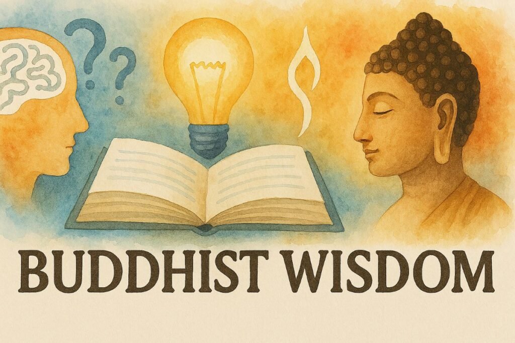 A watercolor banner features the title “BUDDHIST WISDOM” in bold, dark brown letters at the bottom. On the left, a human head in profile is painted in warm orange tones, with a white brain and two blue question marks symbolizing critical thinking. In the center, an open book with cream pages sits beneath a glowing yellow-orange lightbulb, representing intellectual insight. On the right, a serene Buddha face in profile is rendered in earthy tones, with closed eyes and a circular orange halo. A soft flame-like symbol floats near the book, suggesting experiential wisdom. The background blends blues, greens, oranges, and yellows in textured watercolor washes.