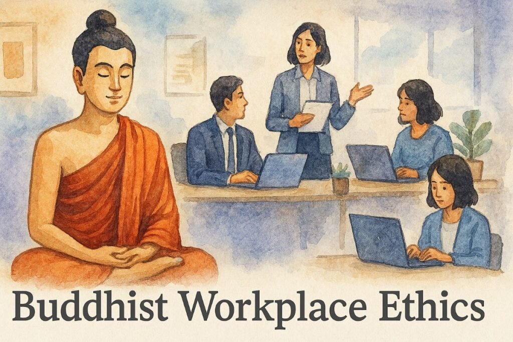 A wide watercolor web banner illustrates a serene modern office scene infused with subtle Buddhist symbolism. In the foreground, a diverse group of professionals—two women and one man—work collaboratively at sleek desks with laptops, papers, and a small potted plant. One desk features a discreet string of prayer beads and a miniature lotus sculpture, hinting at contemplative values. The figures wear modern attire: blazers, blouses, and button-down shirts in soft blues, grays, and earth tones. Their expressions are calm and focused, suggesting mutual respect and mindful engagement. Natural light filters through large windows, casting gentle shadows across the workspace. The background blends soft washes of beige, lavender, and pale blue, creating a tranquil atmosphere. The composition is balanced and inclusive, with no single figure dominating the scene. At the bottom of the banner, the title “Buddhist Workplace Ethics” appears in elegant serif lettering, centered and dark gray against the textured watercolor backdrop.