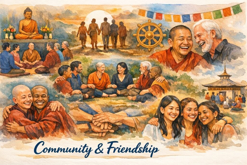 Watercolor web banner titled “Community & Friendship” shows a collage of modern Buddhist Sangha scenes. On the left, diverse practitioners—monastics and laypeople—meditate in a circle before a Buddha statue. Below, two Buddhist nuns of different skin tones embrace and smile. Centered, six people of varied ethnicities sit outdoors in a circle holding hands, with silhouetted figures walking together against a sunset above and stacked hands below. On the right, an Asian monk and older Caucasian man laugh near a Dharma Wheel and prayer flags, while three young women of Asian, Caucasian, and South Asian descent sit arm-in-arm, smiling. A temple gathering appears in the far corner. Title “Community & Friendship” is written at the bottom in flowing dark blue script.