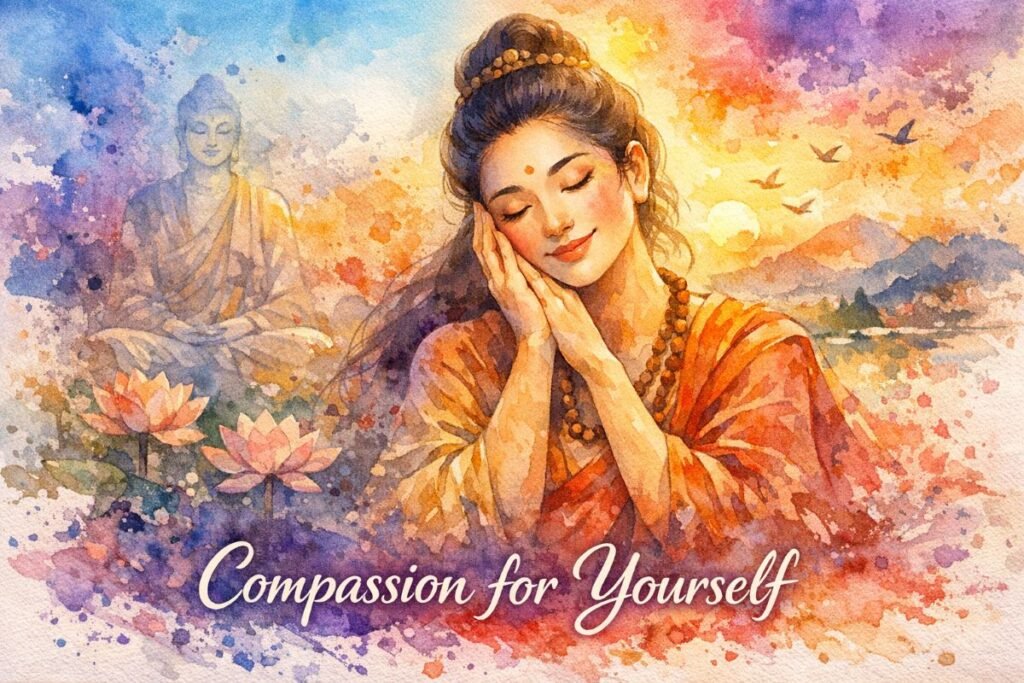 atercolor banner of a serene Buddhist woman with eyes closed, gently cradling her face in her hands. She wears a saffron robe and mala beads, framed by a radiant sunset, lotus flowers, and a translucent Buddha figure in meditation. Birds soar above distant mountains. Title at bottom: “Compassion for Yourself.”