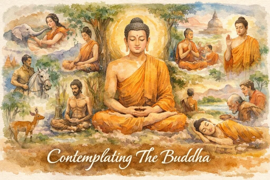 Watercolor collage web banner depicting the life of the Buddha, with central image of the meditating Buddha surrounded by scenes of his life: birth, renunciation, ascetic practice, teaching disciples, and final passing, titled “Contemplating The Buddha.”