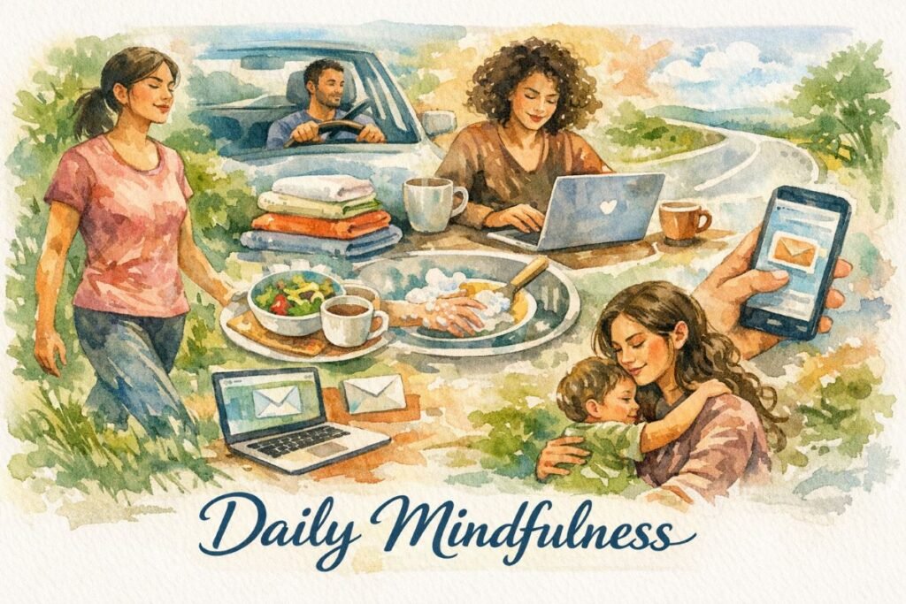 Watercolor-style collage banner showing diverse people mindfully walking, driving, eating, working, washing dishes, scrolling a phone, and caring for a child; title “Daily Mindfulness” in cursive at bottom.