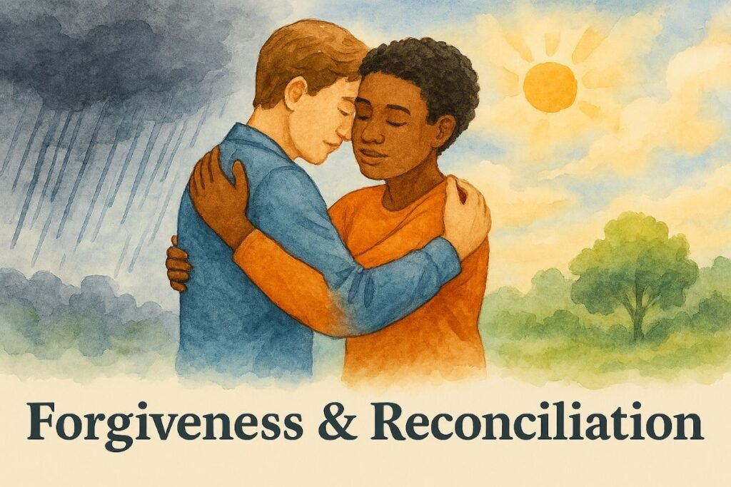 A watercolor-style illustration of two people embracing with their eyes closed, conveying relief and emotional healing. The left half of the background shows dark clouds and rain, symbolizing conflict and hurt, while the right half shifts to bright sunlight and clear skies, symbolizing peace and resolution. The scene represents the theme of forgiveness and reconciliation, with the title “Forgiveness & Reconciliation” placed at the bottom.