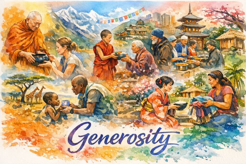 Watercolor collage showing acts of generosity across cultures: a Himalayan monk receiving an offering, a young monk giving food to an elder, volunteers serving meals in a mixed traditional‑and‑modern town, a person offering a drink to a child in an African savanna with giraffes in the distance, and two people exchanging food and clothes in a tropical setting. The word ‘Generosity’ appears in blue script at the bottom.