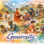 Watercolor collage showing acts of generosity across cultures: a Himalayan monk receiving an offering, a young monk giving food to an elder, volunteers serving meals in a mixed traditional‑and‑modern town, a person offering a drink to a child in an African savanna with giraffes in the distance, and two people exchanging food and clothes in a tropical setting. The word ‘Generosity’ appears in blue script at the bottom.