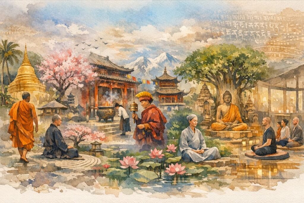 Panoramic watercolor collage depicting global Buddhist traditions. On the left, a Thai monk in orange robes walks past a golden stupa under palm trees. A Japanese Zen garden follows, with a black-robed monk meditating beside a cherry blossom tree and stone pagoda. In the center, a Chinese temple with red pillars and rising incense hosts a bowing lay practitioner. A Tibetan monk in maroon robes spins a prayer wheel near snow-capped mountains and fluttering prayer flags. A Vietnamese nun in grey robes meditates beside a lotus pond and pagoda. An Indian monk sits beneath a Bodhi tree with ancient stone carvings and a Buddha statue. On the right, a modern Western meditation hall features diverse practitioners seated on cushions in a minimalist room. The sky blends ancient script and digital motifs across the scenes.