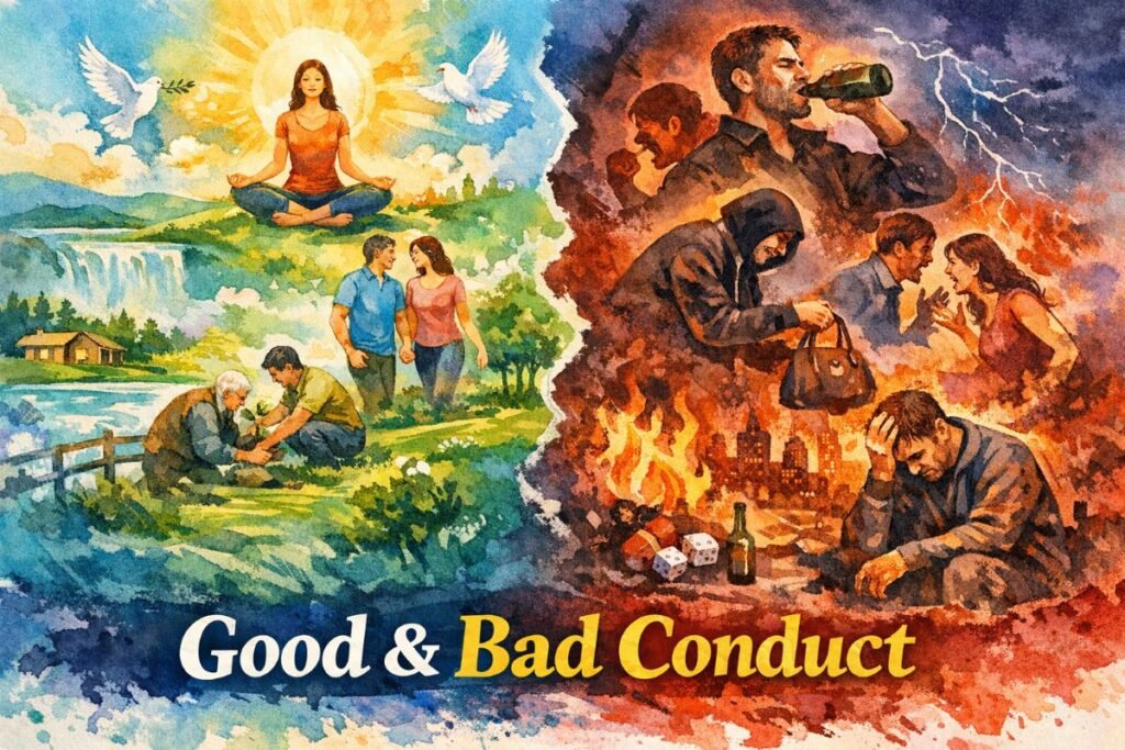 Watercolor collage split into two halves. Left side shows peaceful scenes: a woman meditating on a hilltop with doves and sunlight, people helping each other, planting trees, and walking hand-in-hand through lush nature. Right side shows suffering: a man drinking, a thief stealing, couples arguing, and a distressed figure amid fire, broken bottles, and dice. A jagged divide separates the two. Title “Good & Bad Conduct” appears at the bottom in bold white and yellow letters on dark blue and red.