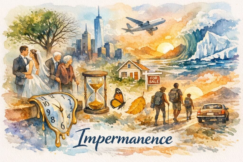 A watercolor collage illustrating the theme of impermanence. On the left, a young couple in wedding clothes stands beside an elderly couple, framed by a bare tree and a distant city skyline. At the center, a melting clock, an hourglass, a butterfly, and a fallen leaf symbolize time passing and continual change. To the right, a small house with a “For Sale” sign suggests shifting life circumstances. Above, an airplane crosses a pale sky while a large wave rises near an iceberg. At the bottom, three hikers and a car on a winding road evoke movement and life’s ongoing journey. The word “Impermanence” appears at the bottom of the artwork.
