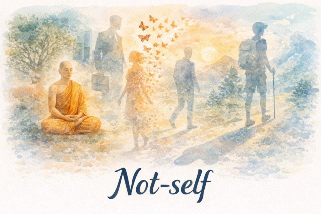 A watercolor banner illustrating the Buddhist concept of Not-self. On the left, a meditating monk in orange robes fades into the landscape. Nearby, a translucent businessman with a briefcase and a dissolving woman transforming into butterflies suggest the fluidity of identity. On the right, a young traveler gazes at distant mountains, his form also fading. The background blends city buildings, trees, and nature in soft hues. A shadowy figure walks away from the monk, dissolving into the scene. The word “Not-self” appears at the bottom in dark blue script.