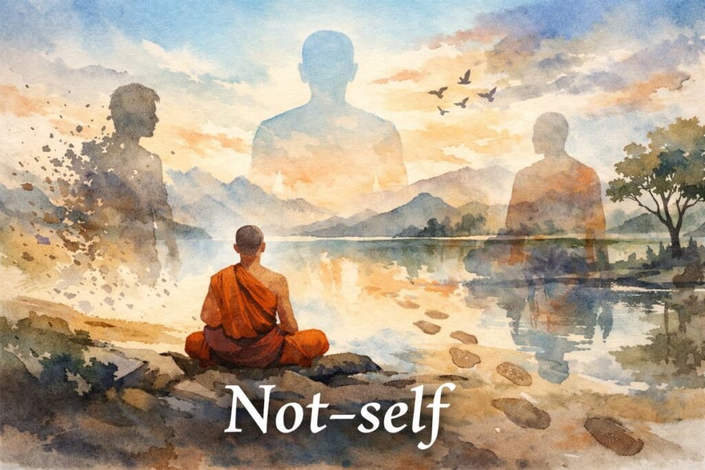 Watercolor illustration of a Buddhist monk meditating beside a lake with dissolving human silhouettes symbolizing the concept of not-self (anatta).