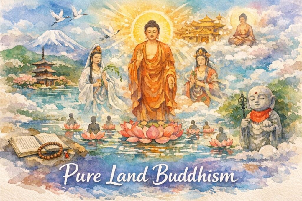 Watercolor collage banner depicting Pure Land Buddhism. Central figure is Amida Buddha standing on a pink lotus over water, with a golden halo and orange-red robes, flanked by Avalokiteshvara in white and Mahasthamaprapta in ornate attire. Above, a celestial palace floats among clouds with white cranes and radiant light. Left side shows Mount Fuji and a lakeside pagoda; right side features a seated spirit on a lotus and a stone Jizo statue with staff and red bib. Below, souls float toward the Buddha on lotus flowers. An open sutra book and mala beads rest on a rock in the lower left. Title “Pure Land Buddhism” appears in elegant white script at the bottom against a blue-purple wash.