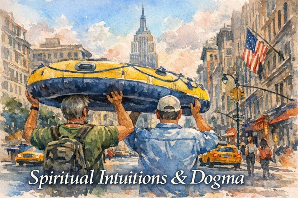 Watercolor illustration of two men walking down Fifth Avenue in New York City, each carrying an inflatable yellow-and-blue raft above their heads. The man on the left has gray hair, a beard, and wears a green t-shirt with a beaded necklace and small backpack. The man on the right wears a light blue button-up shirt and white baseball cap. They are seen from behind, framed by a bustling cityscape with yellow taxis, pedestrians, and iconic buildings including the Empire State Building and Flatiron. An American flag waves on the right. The title “Spiritual Intuitions & Dogma” appears in large white serif font at the bottom.