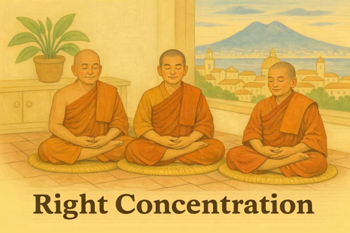 Three Buddhist monks sit cross-legged on straw mats in a sunlit room, meditating with eyes closed and hands resting in their laps. Each wears a simple saffron robe draped over one shoulder. A potted plant sits on a cabinet to the left; through a large window on the right, a coastal town with domed buildings and a distant volcano is visible under a pale blue sky. The scene is warm and serene. Title text at the bottom reads “Right Concentration.”