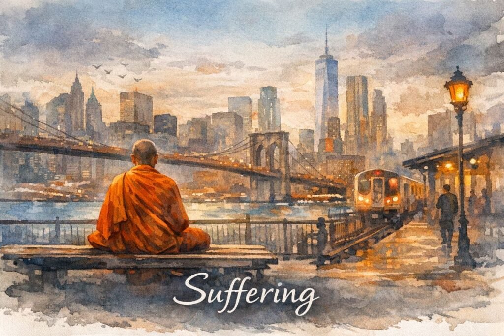 Watercolor web banner showing a Buddhist monk in orange robes seated on a worn wooden bench, facing the New York City skyline at sunset. The Brooklyn Bridge spans the river to the left, while skyscrapers—including One World Trade Center—rise in the hazy distance. A subway train approaches on the right, with blurred pedestrians and a glowing lamppost nearby. The sky is streaked with muted blues, grays, and oranges. At the bottom, the word “Suffering” appears in white cursive script.