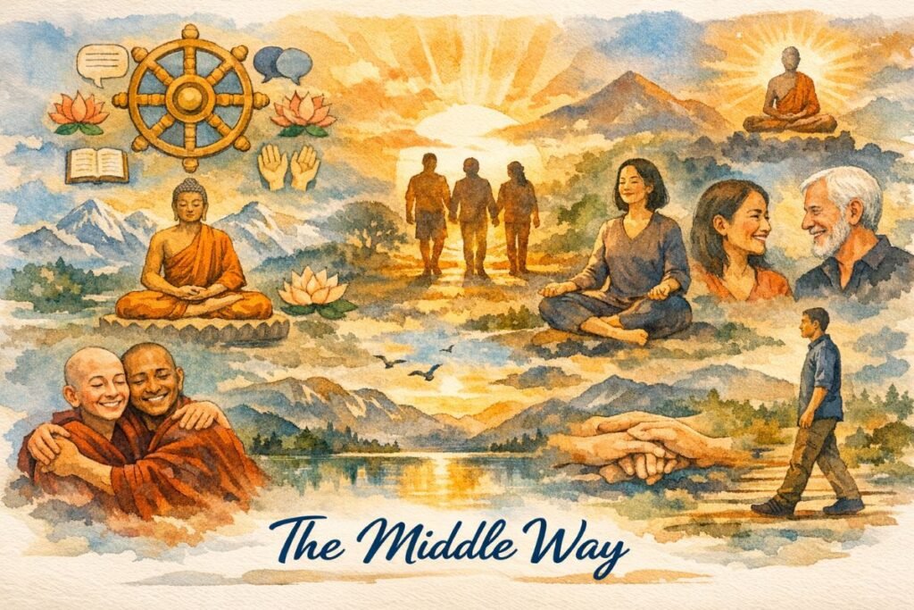 Here’s a polished, concise, accessibility‑focused alt text for your banner: **Alt text:** *A vibrant watercolor collage titled “The Middle Way,” centered on three people walking hand‑in‑hand toward a glowing sun over mountains. Around them are small vignettes of Buddhist practice—monks meditating, people offering support, a Dharma wheel, lotus flowers, open hands, and a book—evoking balance, compassion, and steady progress on a shared path.