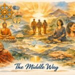 Here’s a polished, concise, accessibility‑focused alt text for your banner: **Alt text:** *A vibrant watercolor collage titled “The Middle Way,” centered on three people walking hand‑in‑hand toward a glowing sun over mountains. Around them are small vignettes of Buddhist practice—monks meditating, people offering support, a Dharma wheel, lotus flowers, open hands, and a book—evoking balance, compassion, and steady progress on a shared path.