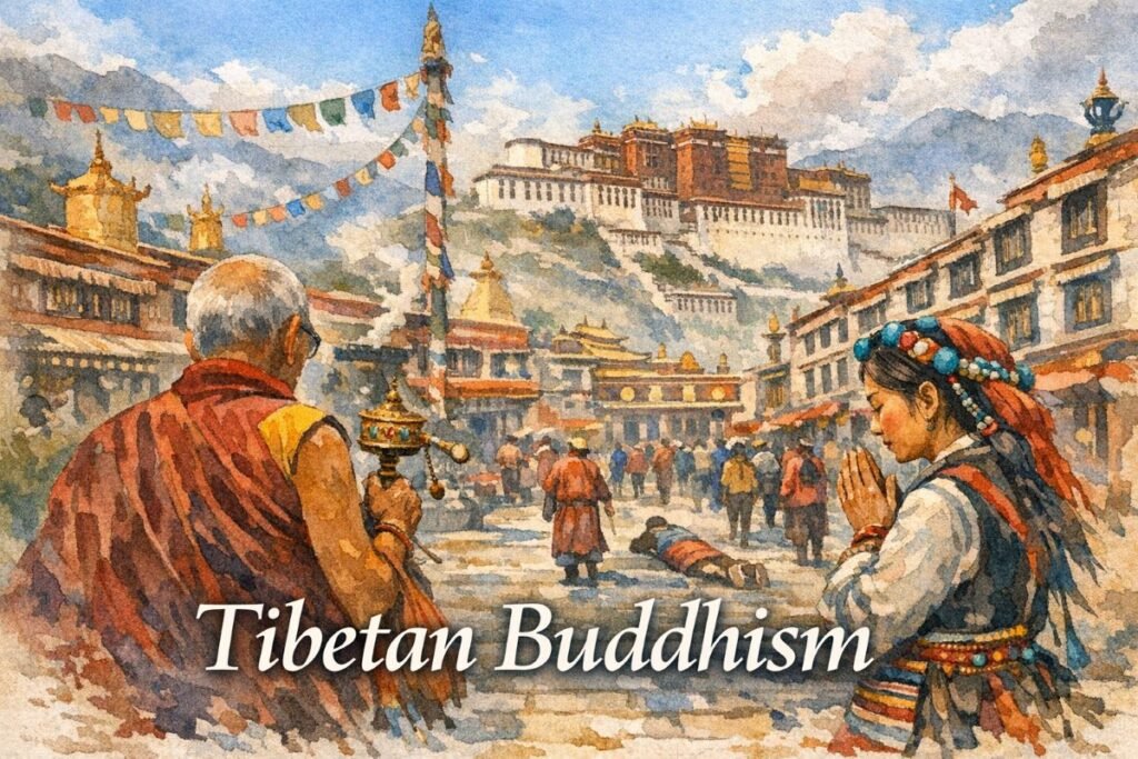 Watercolor illustration of a bustling scene in Lhasa, Tibet. In the foreground, an elderly Tibetan monk in maroon and saffron robes holds a golden prayer wheel, seen from behind. To the right, a young Tibetan woman in traditional dress presses her hands together in prayer, wearing a turquoise and red headdress. Behind them, Barkhor Street is filled with people walking, spinning prayer wheels, and prostrating. Colorful prayer flags flutter above. The Jokhang Temple stands to the left with golden rooftops and incense smoke rising. In the distance, the Potala Palace crowns a misty hill beneath a blue sky. The title “Tibetan Buddhism” appears in large white serif font at the bottom.